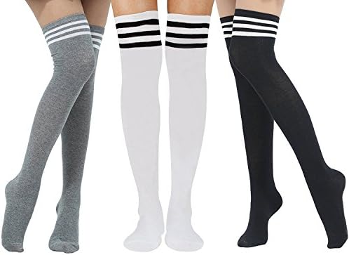 Women's Over Knee Tube Socks Three Stripe Thigh High Girls Cosplay Long Casual Dress Sock 3 Pack White Black Gray One Size(XS-M,Shoe size US 5~9)