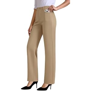 JEKAOYI Womens Dress Pants Stretchy High Waisted Pull On Work Slacks | Slim Fit Straight Leg, Elastic Waist, Pockets, Decorat