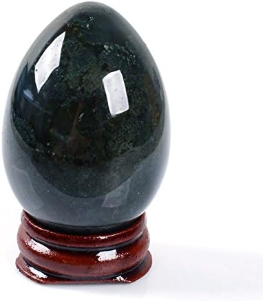 50mm Gemstone Rock Crystal Healing 2" Eggs Shaped Carving Decor Wood Stand (Indian moss agate)