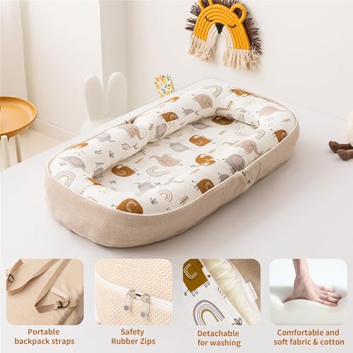 CENXI Baby Lounger, Foldable Infant Nest Pillow with Soft Memory Foam Mat, Cover with Adorable Pattern, Converts to Backpack for Easy Travel, Suit for 0-12 Months Infant (Elephant)