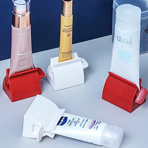 ONDY 2PCS Rolling Tube Toothpaste Squeezer,Heavy-Duty Toothpaste Dispenser with Rubber Pad Multi-Function Squeezer for Cleansing Foam,Hair Gel,Cosmetic Samples,Ointments (Red and White)