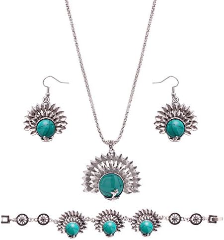 OUFO Women Fashion Peacock Style Turquoise Jewelry Elegant Bracelet Necklace Earring Ocean Fish Charm Sets (3134)