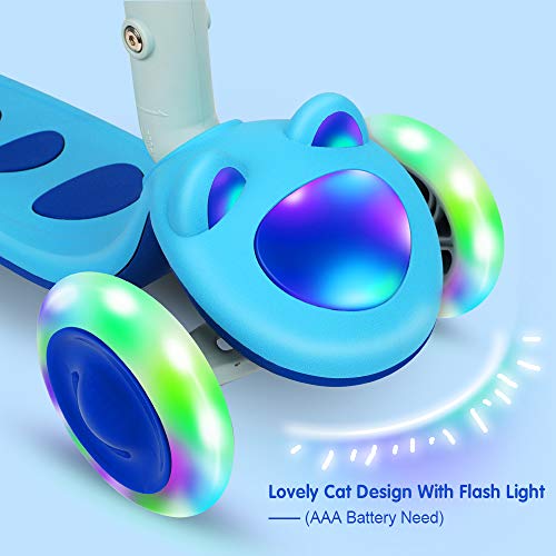 TONBUX Scooters for Kids Ages 3-8, Kids Scooter for Toddlers, Boys and Girls Scooter with Light Up 3-Wheels, Mini Scooter for Children, for Ride On Toys - Blue Cat Design