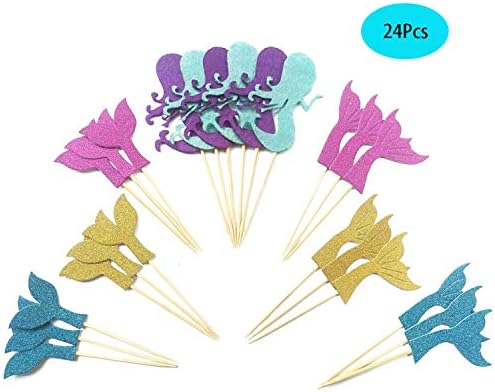 Maydolbone 24pcs Super Glitter Mermaid Theme Muffin Cupcake Toppers，Food Picks Baby Shower Decor And Cupcake Party Picks