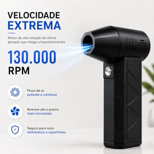 Soprador de Ar para PC Recarregável 130000RPM Air Duster Turbo Jet Fan com 3 Velocidades, Limpador de Poeira para Notebook, Teclado e Eletrônicos
