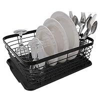 ESYLIFE Kitchen Dish Drainer Drying Rack with Drip Tray and Full-Mesh Silverware Storage Basket, Black