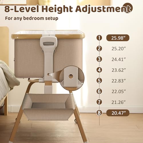 Baby Bassinet, Rocking Bedside Sleeper, Detachable & Portable Bassinet with 8-Level Height, Breathable Mesh, Storage Basket & Rotating Mobile Toy for Newborns Infant(Khaki)