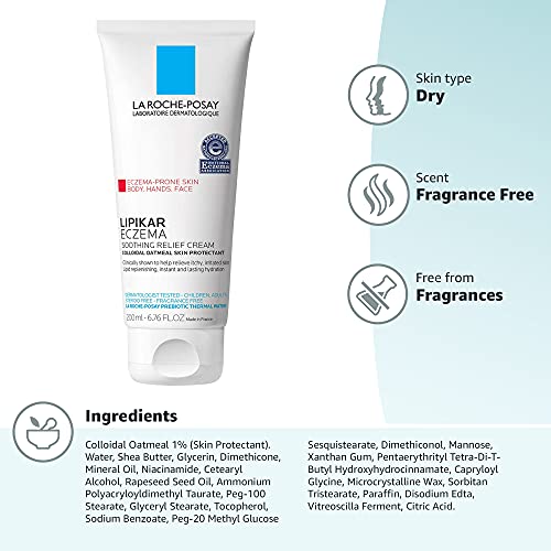LA ROCHE-POSAY LIPIKAR SOOTHING RELIEF ECZEMA CREAM, FACE AND BODY LOTION FOR ECZEMA AND SENSITIVE, DRY SKIN, MOISTURIZER WITH COLLOIDAL OATMEAL TO RELIEVE IRRITATION