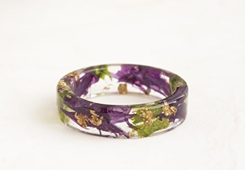 Nature Inspired Resin Ring with Pressed Bachelor Button Petals, Rose Leaves and Gold Flakes