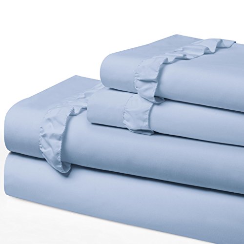 Swift Home Ruffled Hem Microfiber 3-Piece Sheet Set, Double Brushed & Ultra-Soft, Wrinkle Resistant, Easy Fit, Durable – Blue Bell, Twin