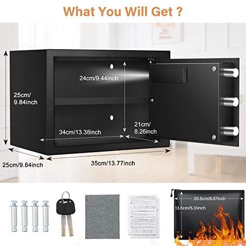 Mejasg Fireproof Safe with Fireproof Money Bag, Small Electric Safe with Removable Shelf and Alarm Mode, Wall Mounted Cash Safe for Jewellery Money Documents Medicines