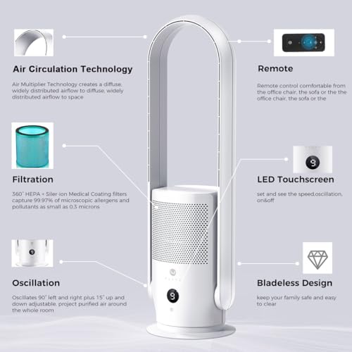 U ULTTY Bladeless Fan with Air Purifier, Quiet Tower Fan with Remote, Touch, 9 Speeds, 8H Timer, HEPA Filter 99.97%, 90° Oscillation Fans, Floor Fans Powerful for Home Office Room, CR022D White
