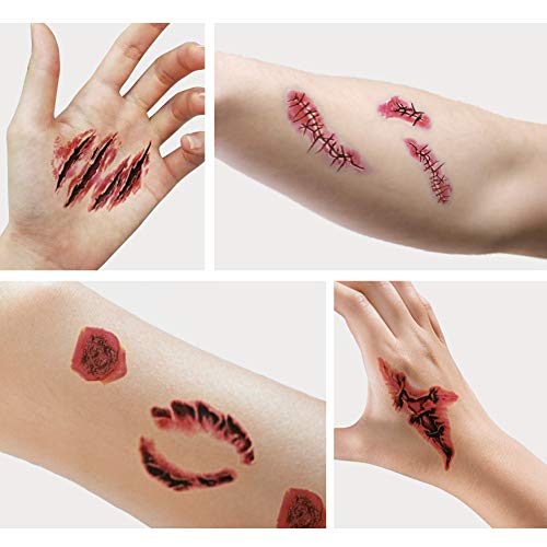 HAKACC Temporäre Tattoos, 30 Blatt Halloween Narben Tattoo Zombie Tattoo Aufkleber für Halloween Kostüm Makeup und Cosplay