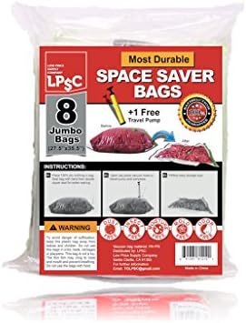 Vacuum Storage Bags by LPSC, 8 Thick Jumbo Space Saver Bags + Free Travel Pump.
