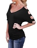 Blooming Jelly Women's Basic V Neck Cut Out Cold Shoulder Ruched Top T Shirt