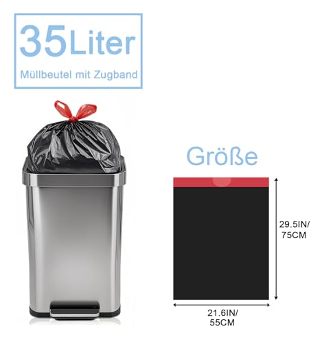 XIYOO Bin Liners 35 L with Drawstring Black Rubbish Bags Tear-Resistant Bin Bags Pack of 50 Bin Bags with Carry Handle