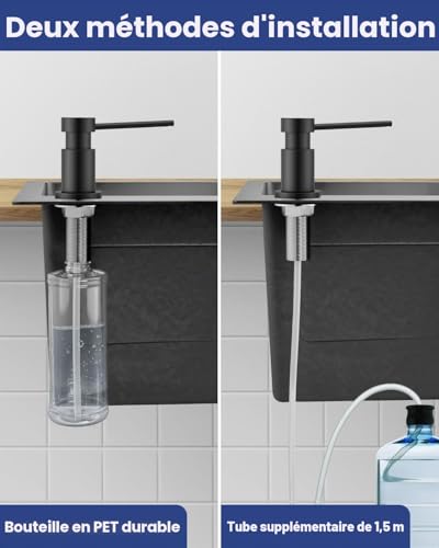Sofetiy Built-in Black Soap Dispenser for Kitchen, Durable Dishwashing Liquid Dispenser with 304 Stainless Steel Nuts (No Plastic), 300 ml Bottle and 1.25 m Extension Hose