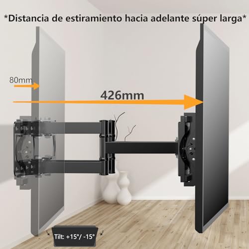 JXMTSPW Soporte para TV movible de 32-85" Pantalla de Inclinable y Giratorio,Base para Television Reforzado Movimiento Completo con articulado Doble Brazo,VESA MAX 600x400 mm Soporta hasta 60 kg