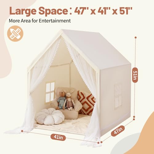Monobeach Kids Tent Beige Play Tent with Long Mesh Curtain Large Playhouse for Indoor Outdoor Play Cottage Castle Toy for Girls Boys House Gift (Beige Kids Play Tent)