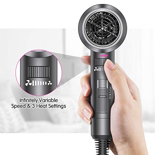 Ionic Hair Dryer, CONFU 1875W Professional Salon Negative Ionic Fast Drying Hair Blow Dryer with 3 Heat Settings, Infinity Speed Settings & Cool Settings, 1 Diffuser and 1 Concentrator Nozzles