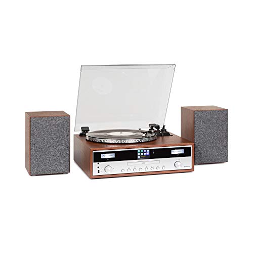 Auna Birmingham Chaîne Hi-Fi Stéréo :Tuner Radio Internet/Dab+/Fm, 2 Haut-Parleurs De 50W, Fonction Bluetooth, Platine, Entraînement Par Courroie 33 Et 45 Tr/Min, Lecteur Cd, Port Usb,Bois