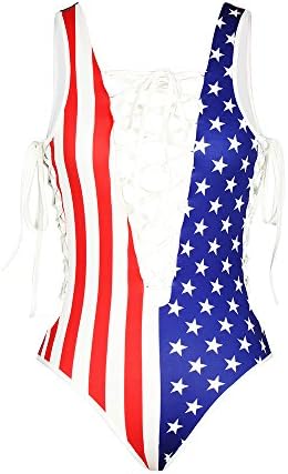 Resulzon Colorful Sexy New Design Criss Cross Lace Up Halter Neck Monokini Swimsuit -Flag, M