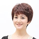 Short Dark Brown Fluffy Slight Curl Wavy Wig Middle Age Women Wig Mother Wig Office Lady OL Wig 100% Human Hair Wig