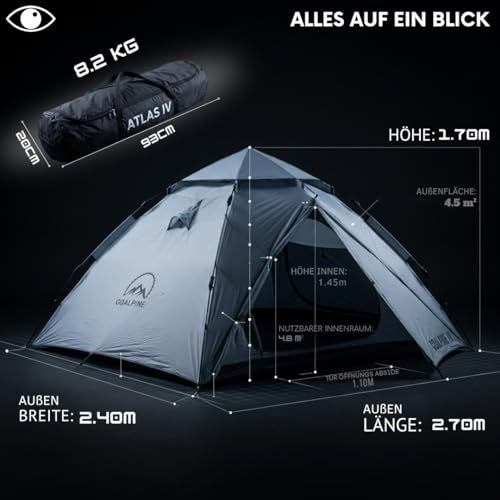 GOALPINE® Atlas IV Pop Up Tent for 2-4 Large People, 100% Waterproof, Set Up in 40 Seconds, 3-in-1 for Camping, Festival & Beach, Slightly Darkened Indoors