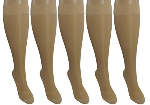Swell Relief5 Pair Nude Sheer Large/X-Large Ladies Compression Socks, Moderate/Medium Graduated Compression 15-20 mmHg. Nurses, Work, Therapy, Travel & Flight Knee-High Hosiery.