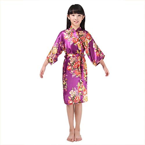 JZLPIN Girls Floral Print Satin Kimono Robe Bathrobe - Wedding Robe - Bridesmaids Dressing Gown Dark Purple 6 (Height 35.4-39.4 in)