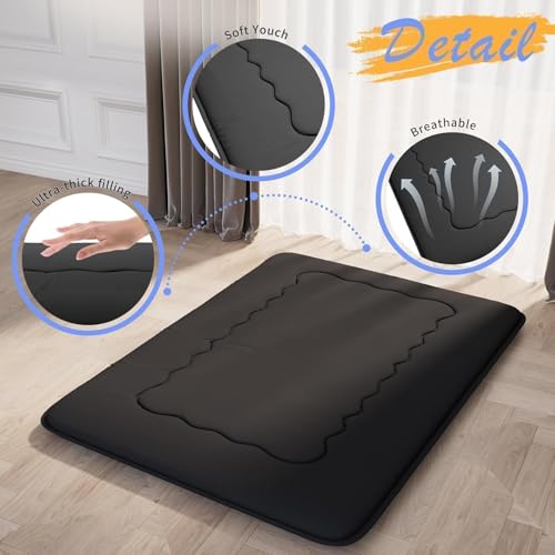 Kiseely Portable Folding Futon Mattress, Tatami Folding Japanese Sleeping Mattress, Portable Sleeping Mat for Dorm with Bag and Strap, Roll Up Camping Floor Mattress (Black HY1, 150 x 200 cm)
