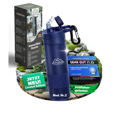 OutdoorFriends - Wasserfilter Outdoor Survival - Wasserfilter Flasche - Trinkflasche mit Filter - Wasseraufbereiter Trinkwasser [EasyPress] 0,01 µm 20