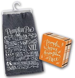 Thanksgiving Theme Gift Sets - Dish Towel Pumpkin Pie Recipe and Box Sign Pumpkin Spice & Everything Nice