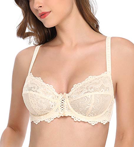 Deyllo Women’s Sheer Lace Bra Underwire Unlined Bra Full Coverage Non Padded(Beige,38DDD