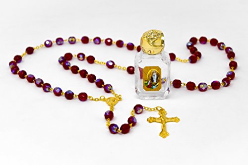 Virgin Mary Rosary Beads with a Bottle of Blessed Lourdes Holy Water, Depicting The Apparitions, Catholic Gifts & Lourdes Prayer Card