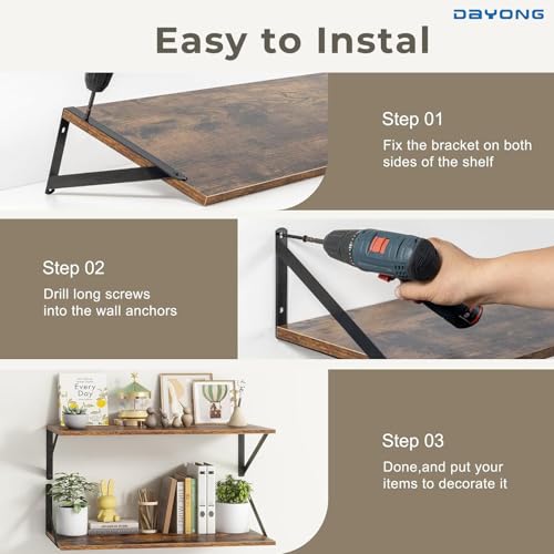 DAYONG Deep Wall Mounted Floating Shelf, 16W x 12D Rustic Wood Floating Shelves with Metal Brackets, Set of 2 Hanging Shelf for Kitchen, Living Room, Bathroom and Bedroom Decor (Rustic Brown)