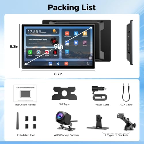 LAMTTO Carplay Display Screen with Net-flix Youtube Tiktok 9 inch Wireless CarPlay & Android Auto Car Multimedia Player with Backup Camera/Android OS/Voice Assistant/OTA/Navigation/Bluetooth/FM/AUX