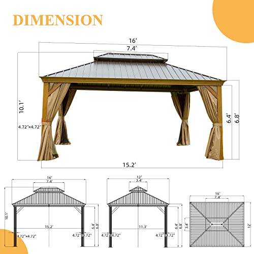 12’ x 16’ Hardtop Gazebo Outdoor Aluminum Wood Grain Gazebos with