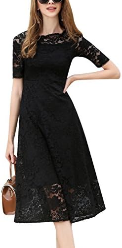HOSBY Women One Shoulder Neck Short Sleeve Slim Lace Mid-long Dress ( Black , Large )