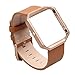 V-Moro for Fitbit Blaze Band Small Leather Bracelet Strap Replacement Band with Metal Frame for Fitbit Blaze Smart Fitness Watch (Camel Band + Rose Gold Frame-Small)