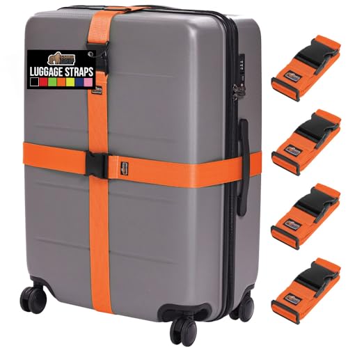 GORILLA GRIP Heavy Duty 4 Pack Adjustable Luggage Straps for Suitcases, Easy to Identify Travel Belt Connector Holds Suitcase Together, Extends Life of Bag, Strap Connects Two Bags, Accessories Orange