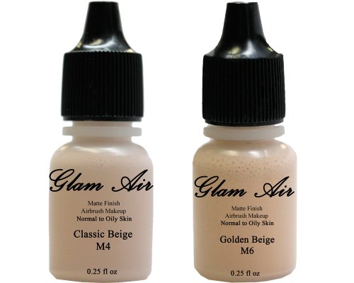 Airbrush Makeup Foundation Matte M4 Classic Beige and M6 Golden Beige Water-based Makeup Long Lasting All Day Without Smearing Running, Fading or Caking 0.25 Oz Bottle By Glam Air