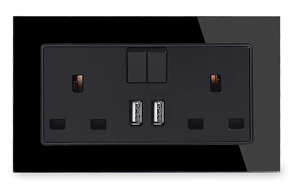 Standard Black UK Single/Double Plug in Power Wall Electrical Switched/USB Socket Charger Ports Crystal Tempered Glass Panel (Double with 2 USB)