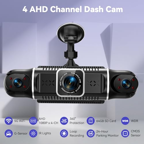 4K Dashcam Car Front Rear 4 Channel Dash Cam with 3 Inch IPS Screen, Free 64GB Card, Dashcam with Parking Monitoring, WDR Night Vision (8 IR LEDs), G-Sensor, Loop Recording, Wireless App Transmission