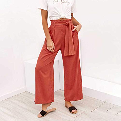 Farmerl Women Solid Casual Belt High Waisted Loose Pants Yoga Long Trousers Orange