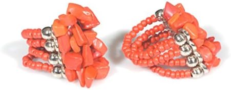 Puntarocks Women's Funky Elastic Ring With Red Coral Stones And Red Beads