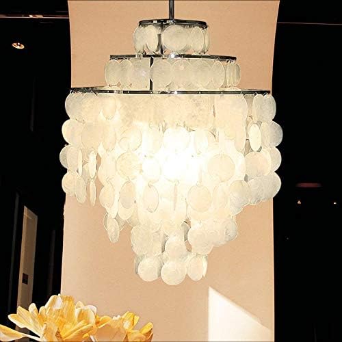 Modern Pendant Lamp Lighting with Natural Round Capiz Shells White LED Chandeliers for Living Room Bedroom Kitchen Fixtures,Dia40xH50cm 3 Layer#464