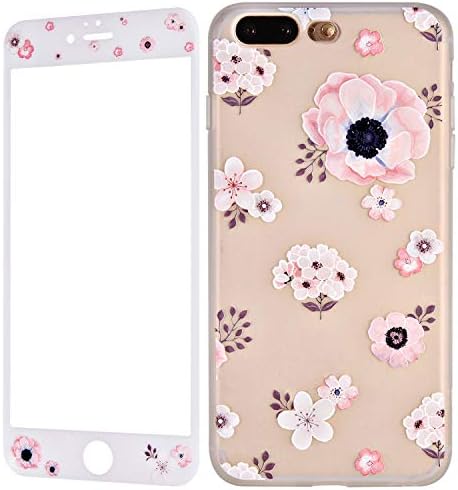 Wafly iPhone 7 Plus Silicone Case with Tempered Glass Screen Protector, iPhone 8 Plus Case Flower Pattern, Floral Slim Soft Full Protective Bumper Cover for iPhone 8 Plus/7 Plus, 5.5”-Women Girls