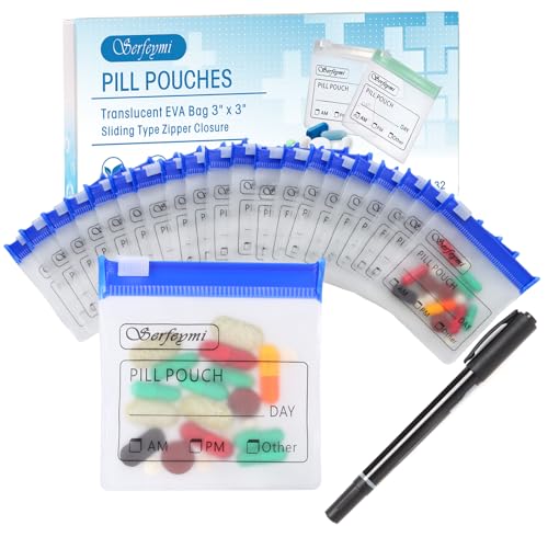 Serfeymi 32 Pcs Pill Pouch Bags for Travel Reusable Plastic Bags 3 x 3 Inches 12 mil (Double Sided) Translucent Zippered Pill Pouches for Medicine with Slide Lock & Writable Label，1 Pc Marker - Blue