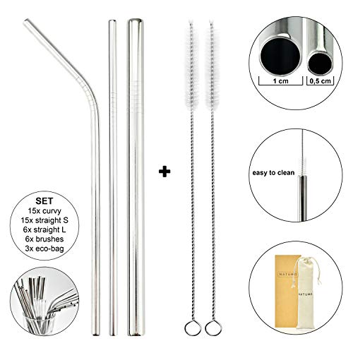 NATUMO ® Edelstahl Strohhalm wiederverwendbar, Metall Trinkhalm Set - 36 Strohhalme gerade + gebogen, inklusive 6 Bürsten und 3 Beuteln – Bild 3